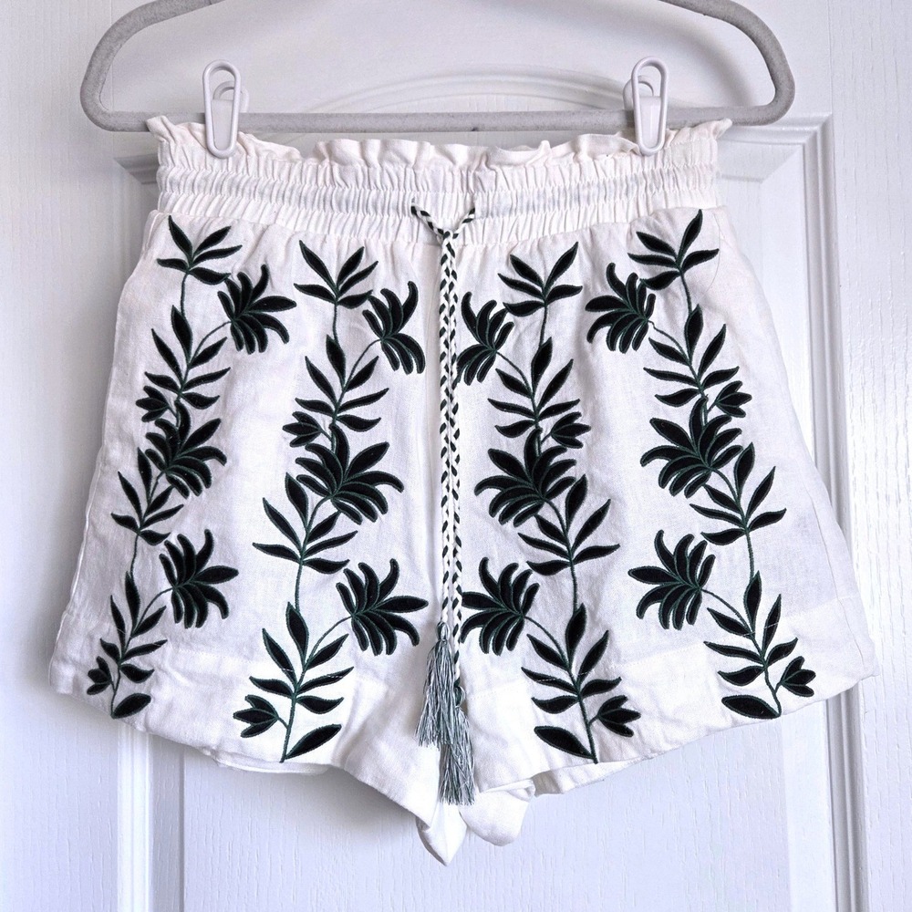 House of Harlow Cream Linen Blend Green Floral Embroidered Paperbag Shorts Sz S
